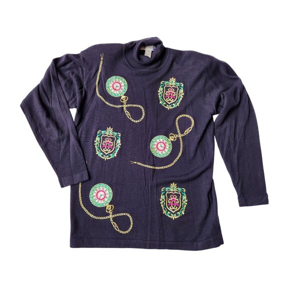 Vintage 90s Timepiece Sweater with Watches and Crests in Black Wool Blend - Picture 2 of 8